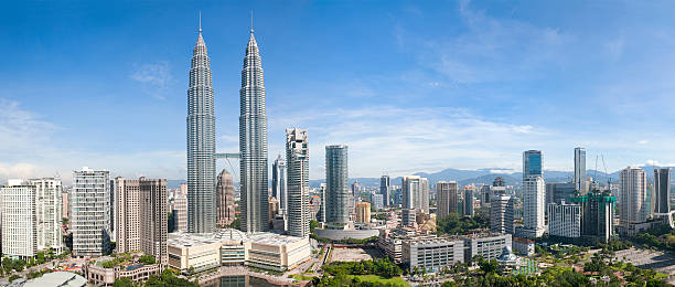 A panoramic cityscape of the downtown area of Malaysia's capital city, Kuala Lumpur, including the Petronas Twin Towers and other skyscrapers.